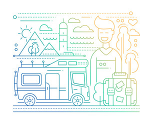 Caravan Tourism - line flat design illustration