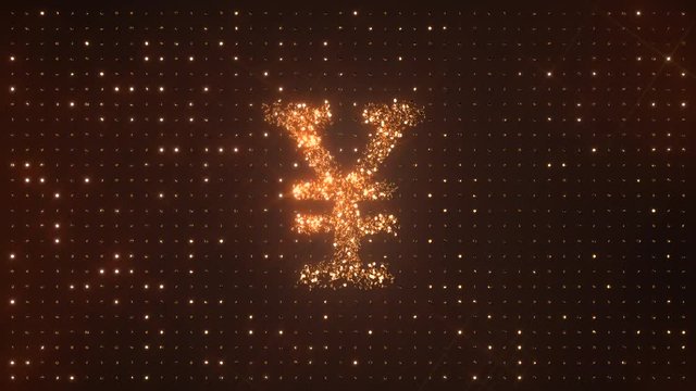 Yen and yuan symbol &yen; made from rotating glittering golden coins on dark background.  All that glitters is gold. JPY and CNY. Perfect loop.