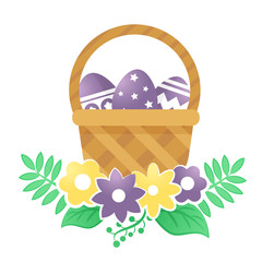 Color basket with Easter eggs and flowers on a white background.