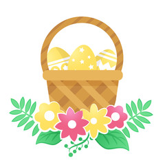 Color basket with Easter eggs and flowers on a white background.