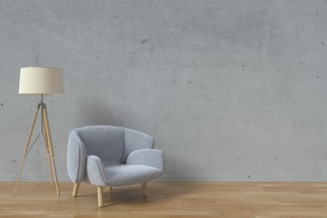 The interior has a sofa and lamp on empty cement wall wall background,3D rendering
