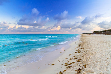 Sunrise on the beach of Playa del Carmen at caribbean sea, Mexico