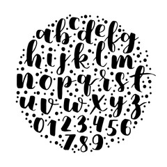 black and white hand lettering alphabet design, handwritten brush script modern calligraphy boho font vector illustration in round shape