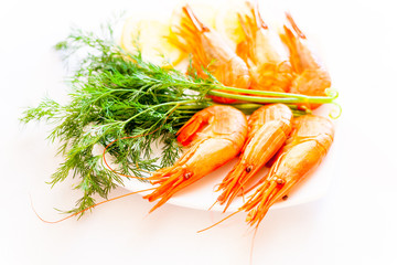fresh raw shrimps in a bowl. shrimps cooked. Grilled shrimp isolated on white background