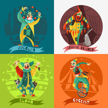 Circus Clowns 4 Icons Square Concept