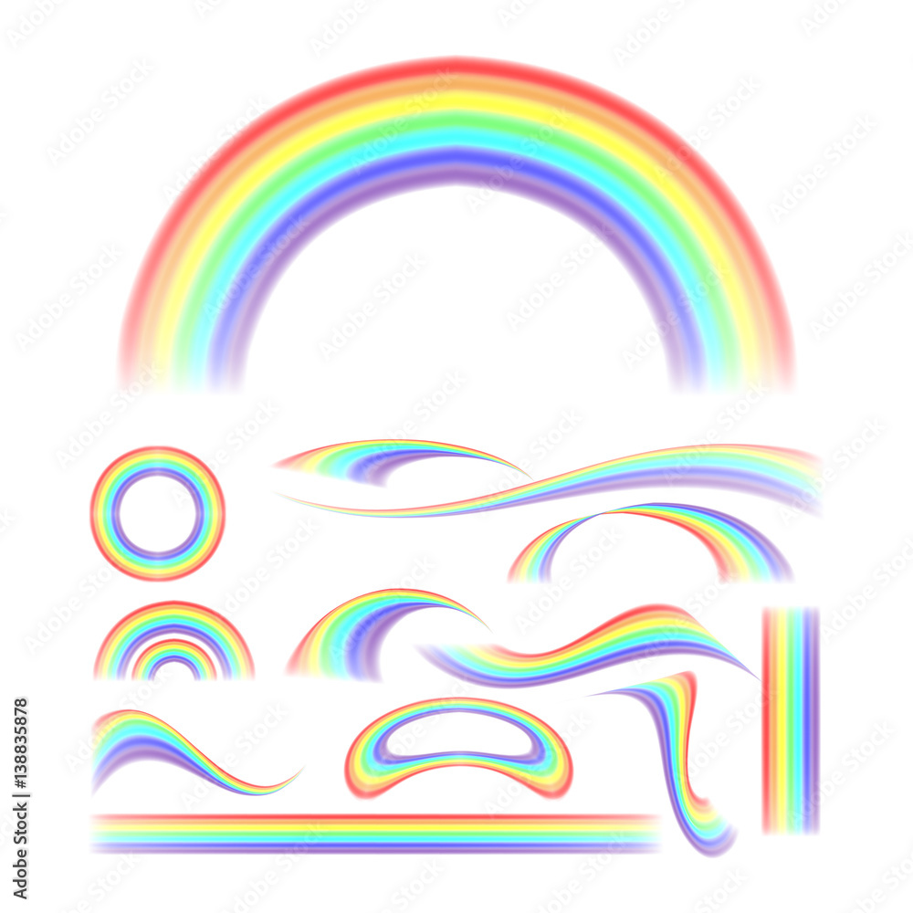 Poster rainbow set vector. different shape collection. realistic rainbow set isolated on white background.