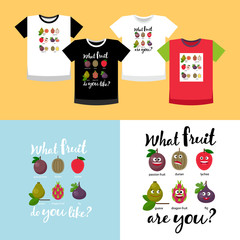 Different exotic fruits and variations of printing on T-shirts