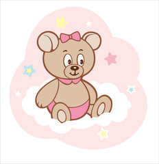 Obraz na płótnie Canvas Cute cartoon teddy girl bear on white cloud