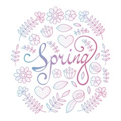Spring lettering in floral pattern round frame illustration. Vector typography poster.