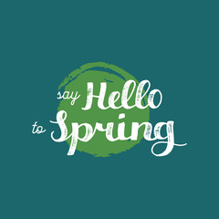 Vector hand lettering inspirational typography poster. Say hello to spring on spot background.