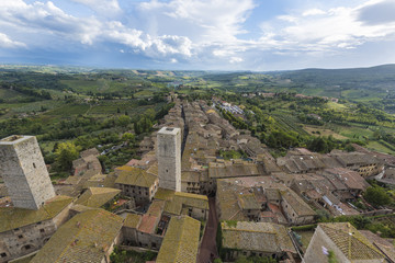Panorama with landscape of San Gimignano, seen from the highest tower Torre Grosso_Tuscany, Italy,...