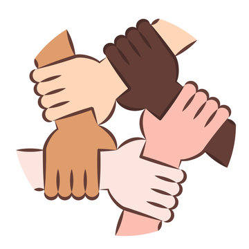 Vector Illustration Of Five Human Hands Holding Eachother For Solidarity And Unity