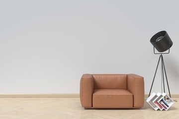 Mitt brown sofa for reading in the living room. 3D rendering