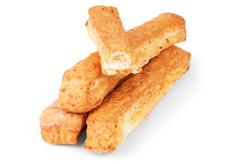 bread sticks with cheese on white baclkground