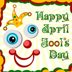 Postcard on 1 April Fool's day. Smiling face of joker in hat on light striped background with bubble frame. Flat style card design. Vector illustration