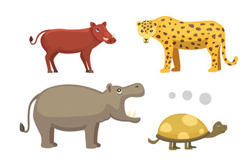 African animals cartoon vector set. elephant, rhino, giraffe, cheetah, zebra, hyena, lion, hippo, crocodile, gorila and outhers. safari isolated illustration