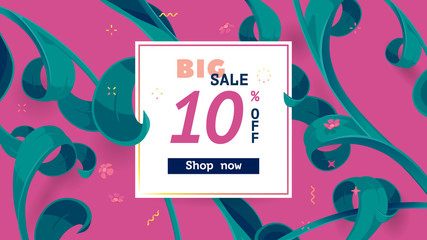 Festive frame decorated with abstract floral elements. Limited offer 10 percent off. Special design for Mother's day, 8 March and Easter. Vector card with purple background