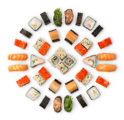 Set of sushi, maki and rolls isolated on white background