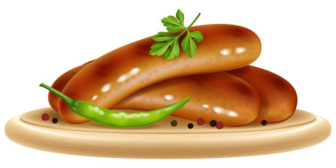 Grilled sausages with chili pepper and parsley on a wooden plate. Vector illustration.