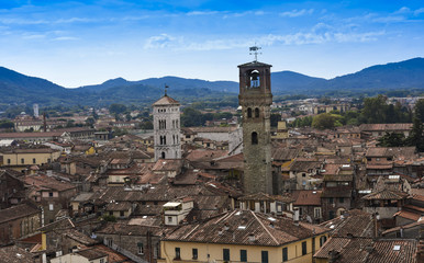 View from Torre Guinigi to the old town of Lucca, Tuscany, Italy