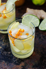 Cold lemonade with ginger, lime and sea buckthorn