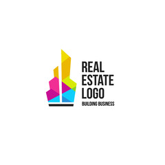 Isolated colorful real estate agency logo, house logotype on white, home concept icon, skyscrapers vector illustration.
