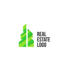 Isolated colorful real estate agency logo, house logotype on white, home concept icon, skyscrapers vector illustration.
