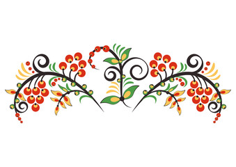 Floral ornament with leaves and rowan in Khokhloma style in traditional colors isolated on white background. Russian folklore. Vector illustration