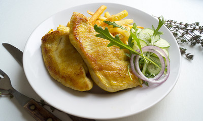 Turkey steak on a wooden Board. on white background