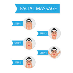 Collection of five different facial massage techniques on beautiful brunette young woman isolated on white background