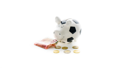  euro momey bills and coins in Piggybank isolated on white background. savings
