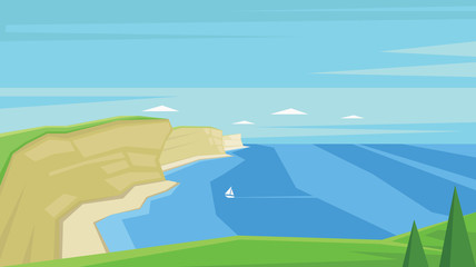 Digital vector abstract background with sea shores and a boat on water, flat triangle style