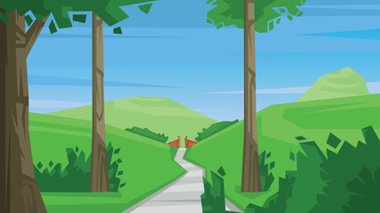 Digital vector abstract background with a path in green forest, tall trees and red gates, flat triangle style