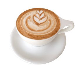 Hot coffee latte art isolated on white background, clipping path included