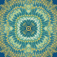 Hand drawn ethnic floral beige and blue ornamental pattern