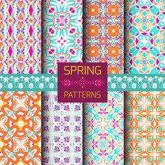 Vector set of geometric ornamental patterns with bright spring colors. Seamless texture collection. Ethnic ornament