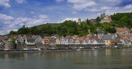 Fototapeta na wymiar Ancient town village of HIRSCHHORN in Hesse district of Germany on banks of Neckar river, Hesse, Germany, Mai 2016