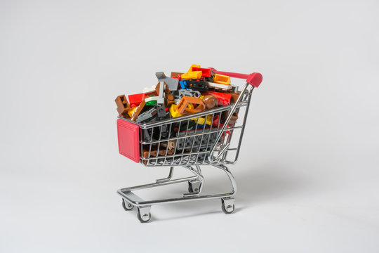 shopping cart with colored construction blocks
