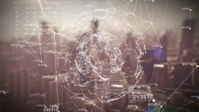 Beautiful Global Business Hologram. Loop Animation of Digital Sphere over Abstract City. Business and Technology Concept. Ultra HD. 3840x2160.