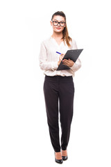 Fototapeta premium Beautiful business woman make notes on her clipboard isolated