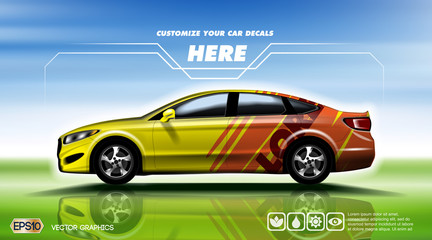 Digital vector yellow and red 4 seats sedan sport car mockup, ready for print or magazine design. Your brand, customize your decals. Blue and green background. Transparent, realistic 3d, reflection
