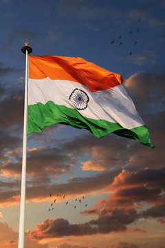 Naklejki Tricolor Indian Flag with Beautiful Sky in Background