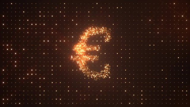 Euro symbol &euro; made from rotating glittering golden coins on dark background.  All that glitters is gold. EUR. Perfect loop.EUR, euro, gold, money, glamour, rich, famous, fortune, glitter, succes, euro