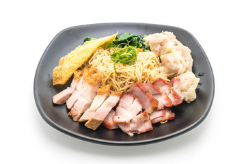 Egg noodle with red roast pork, crispy pork and dumplings
