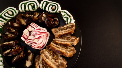 Oriental sweets with dates in assortment, top view.