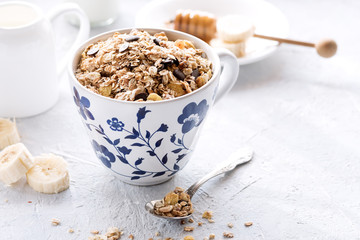 Healthy breakfast Muesli with milkhoney and banana