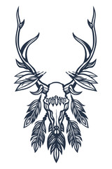  Skull of the deer with antlers, feathers and crystals. Boho, ethnic, tribal. Tattoo art. Hand drawn. Vector illustration.