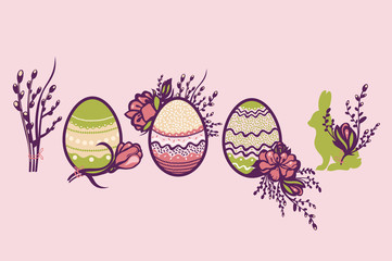 Religious Easter holiday. A set of emblems with Easter painted eggs, flowers, willows and rabbit. Collection. Vector illustration.