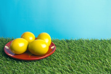 yellow eggs in red dish on grass