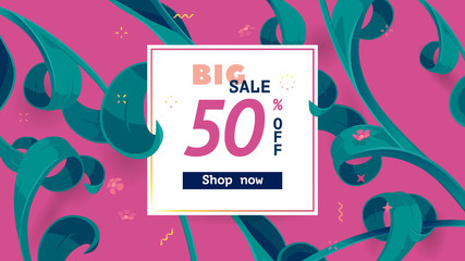 Fototapeta premium Festive frame decorated with abstract floral elements. Limited offer 50 percent off. Special design for Mother's day, 8 March and Easter. Vector card with purple background